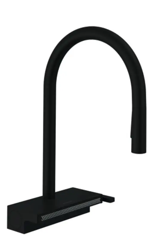 Schwarzer Küchenauslauf mit hohem Bogen und ausziehbarem Schlauch. Die Brause verfügt über drei Strahlarten. Produkt von Hansgrohe, funktionales Design für Spültische.